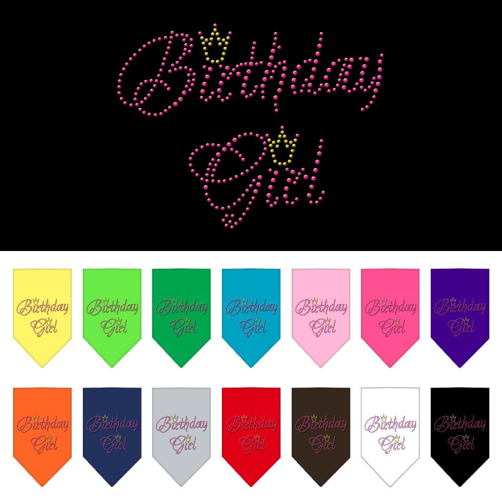 A stylish dog bandana featuring rhinestones and the text 'Birthday Girl', designed for festive celebrations.