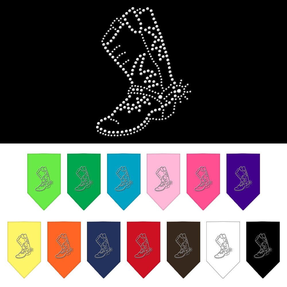 A stylish pet and dog bandana featuring a rhinestone 'Boot' design, available in small and large sizes, perfect for any dog breed.