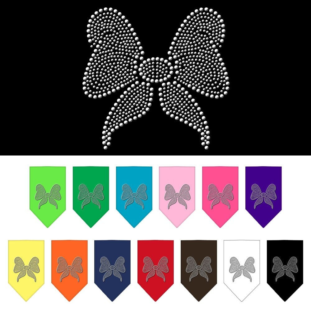 A stylish pet and dog bandana featuring a rhinestone bow, designed for comfort and fashion, available in small and large sizes.