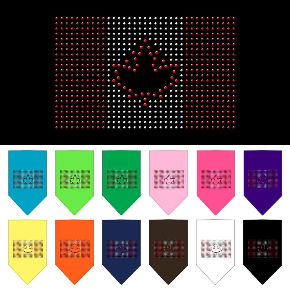 A stylish pet bandana featuring the Canadian Flag design with rhinestone embellishments, perfect for dogs of all sizes.