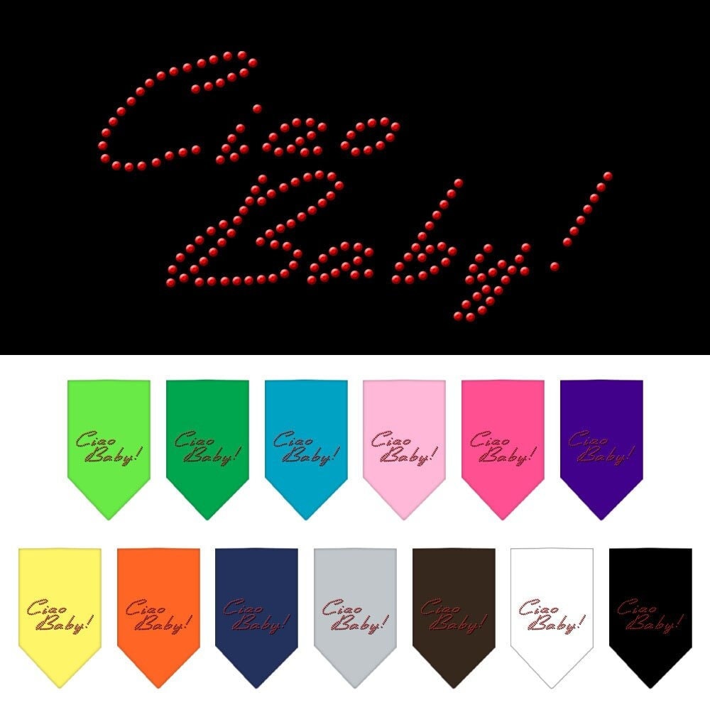 Stylish pet bandana with rhinestones, featuring the text 'Ciao Baby', designed for dogs.
