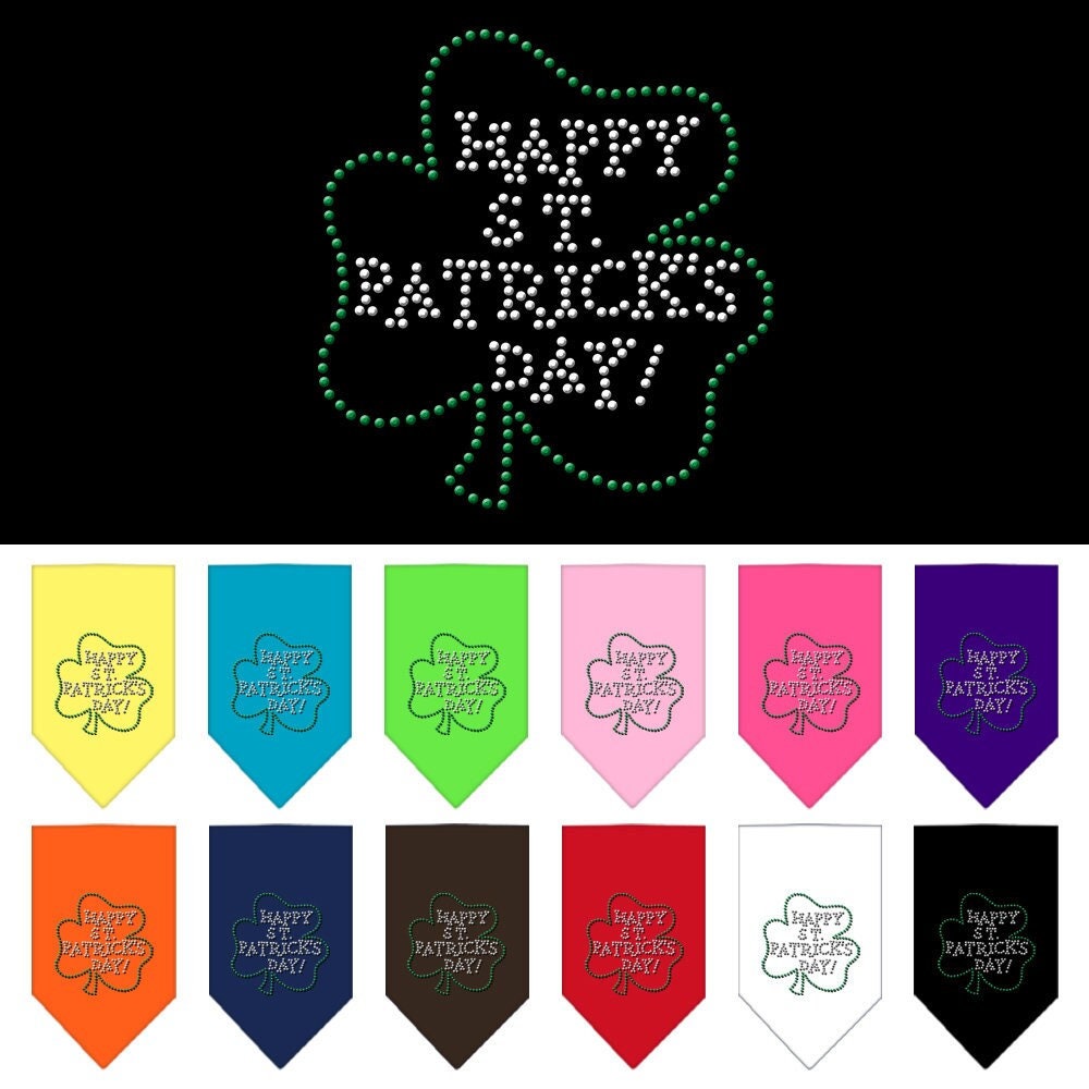 A festive rhinestone dog bandana with 'Happy St. Patrick's Day' design, perfect for pets of all sizes.