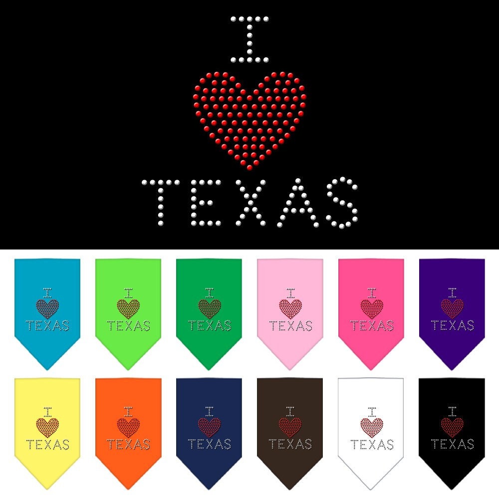 Rhinestone pet bandana with 'I Heart Texas' design, perfect for dogs of all sizes.