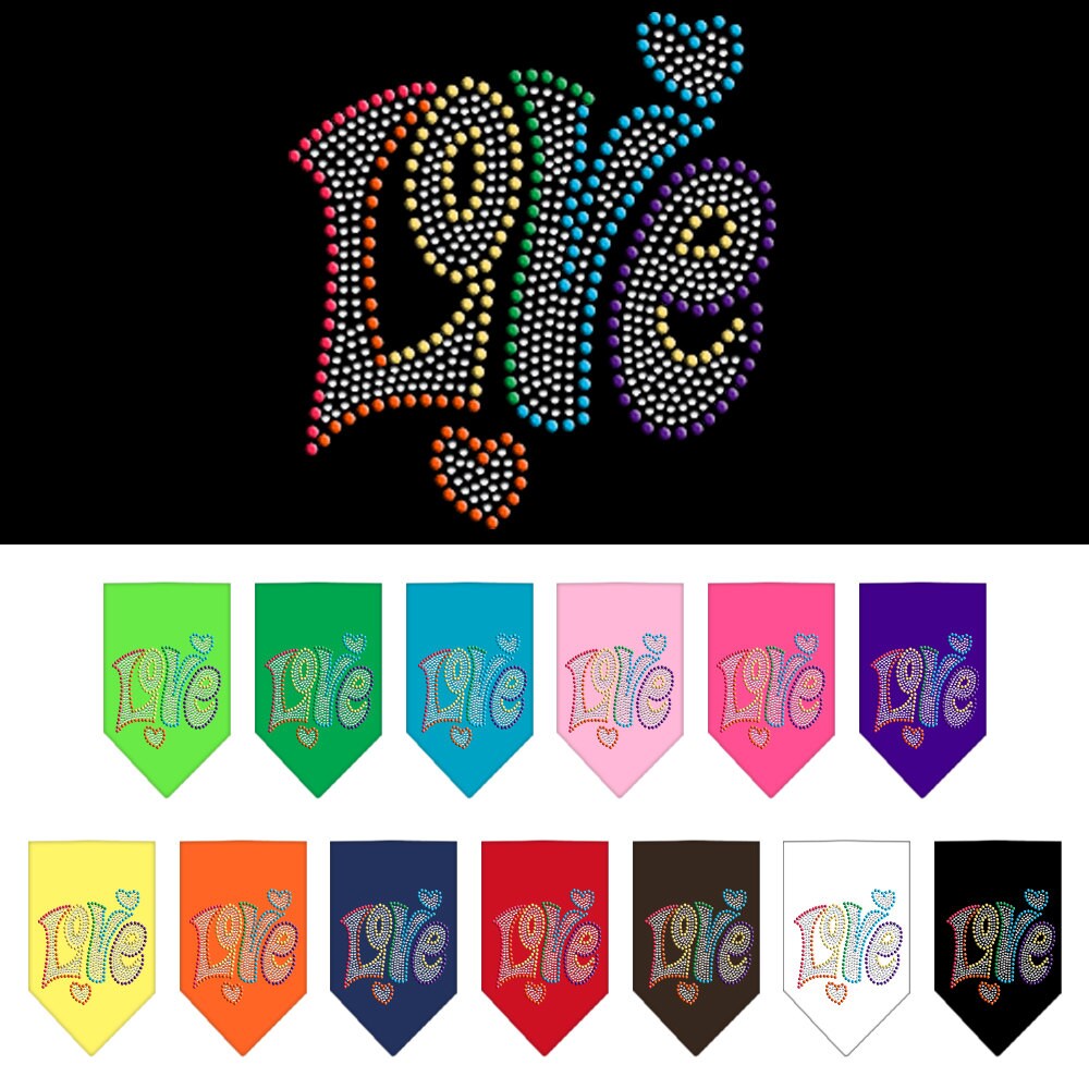 A stylish dog bandana featuring rhinestones spelling 'Love', designed for tie-on use, available in small and large sizes.