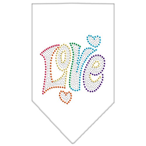 A stylish dog bandana featuring rhinestones spelling 'Love', designed for tie-on use, available in small and large sizes.