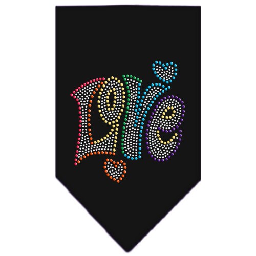 A stylish dog bandana featuring rhinestones spelling 'Love', designed for tie-on use, available in small and large sizes.