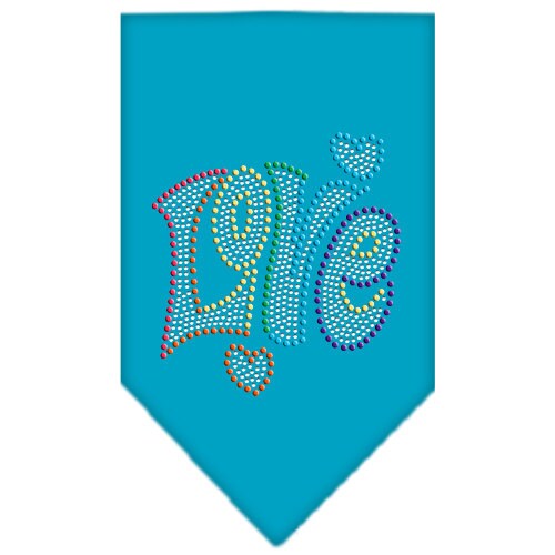 A stylish dog bandana featuring rhinestones spelling 'Love', designed for tie-on use, available in small and large sizes.