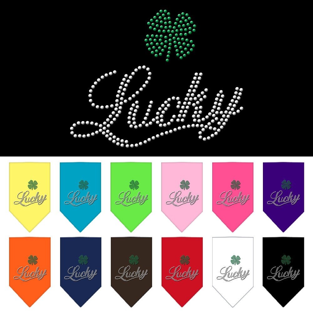 A stylish pet bandana featuring rhinestone embellishments with the word 'Lucky' in script, designed for dogs.