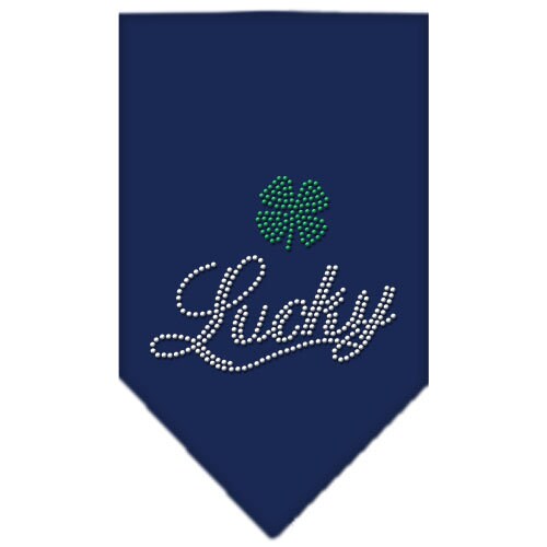 A stylish pet bandana featuring rhinestone embellishments with the word 'Lucky' in script, designed for dogs.