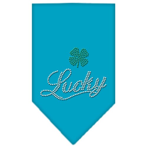 A stylish pet bandana featuring rhinestone embellishments with the word 'Lucky' in script, designed for dogs.