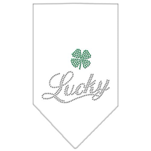 A stylish pet bandana featuring rhinestone embellishments with the word 'Lucky' in script, designed for dogs.