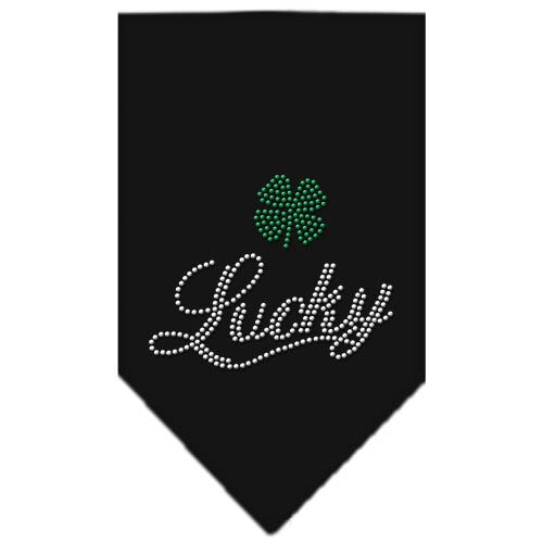 A stylish pet bandana featuring rhinestone embellishments with the word 'Lucky' in script, designed for dogs.