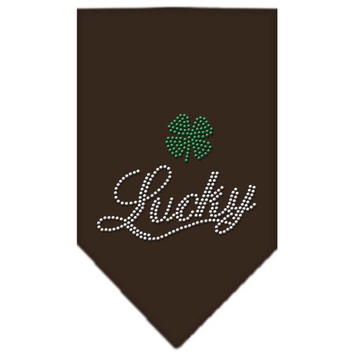 A stylish pet bandana featuring rhinestone embellishments with the word 'Lucky' in script, designed for dogs.