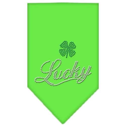 A stylish pet bandana featuring rhinestone embellishments with the word 'Lucky' in script, designed for dogs.
