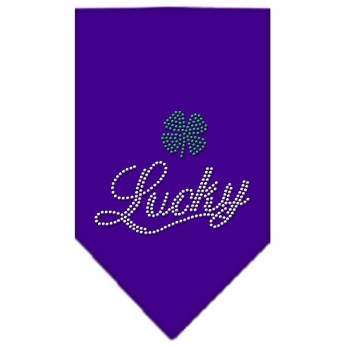 A stylish pet bandana featuring rhinestone embellishments with the word 'Lucky' in script, designed for dogs.
