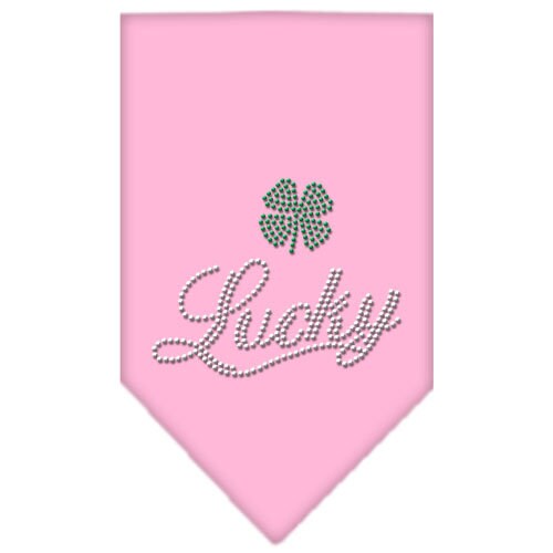 A stylish pet bandana featuring rhinestone embellishments with the word 'Lucky' in script, designed for dogs.