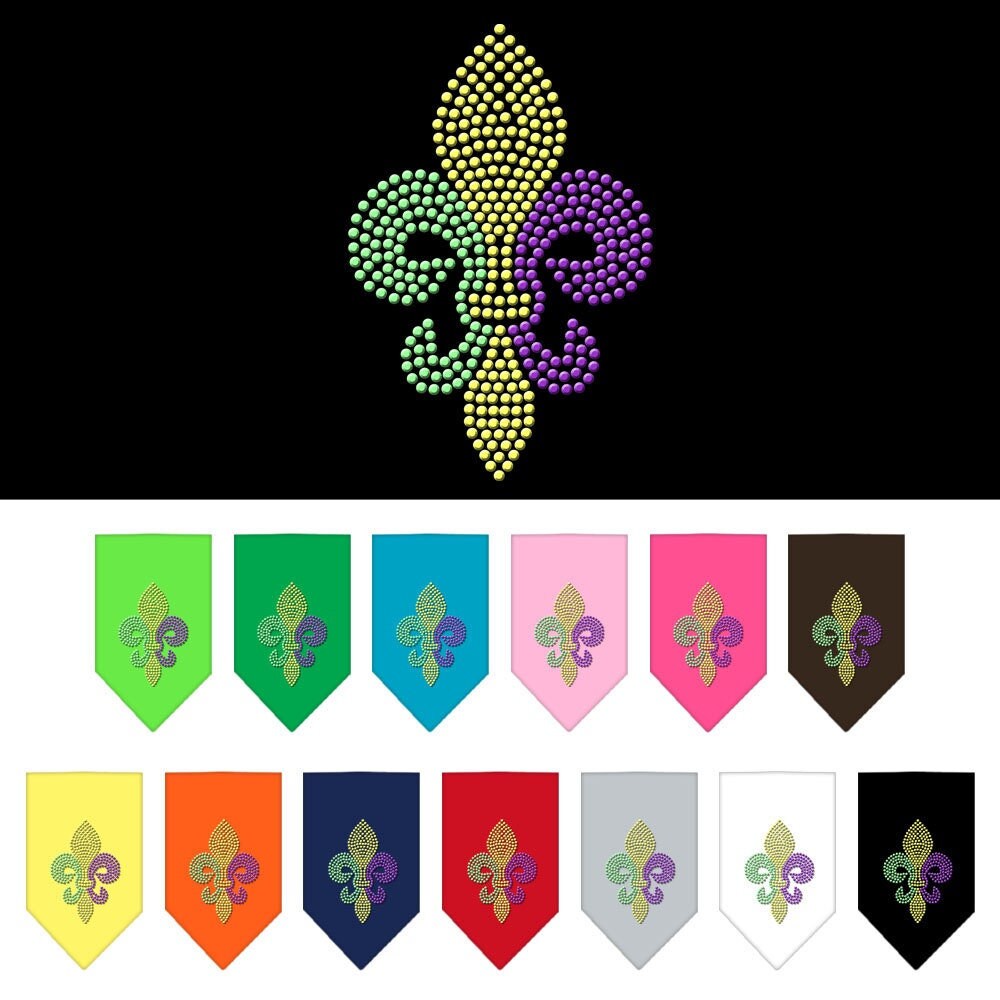 A stylish dog bandana featuring a Mardi Gras Fleur De Lis design with sparkling rhinestones, perfect for festive occasions.