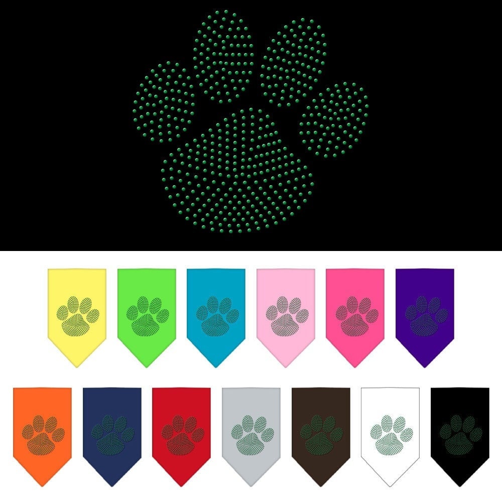 A stylish green dog bandana with rhinestone paw design, perfect for pets.