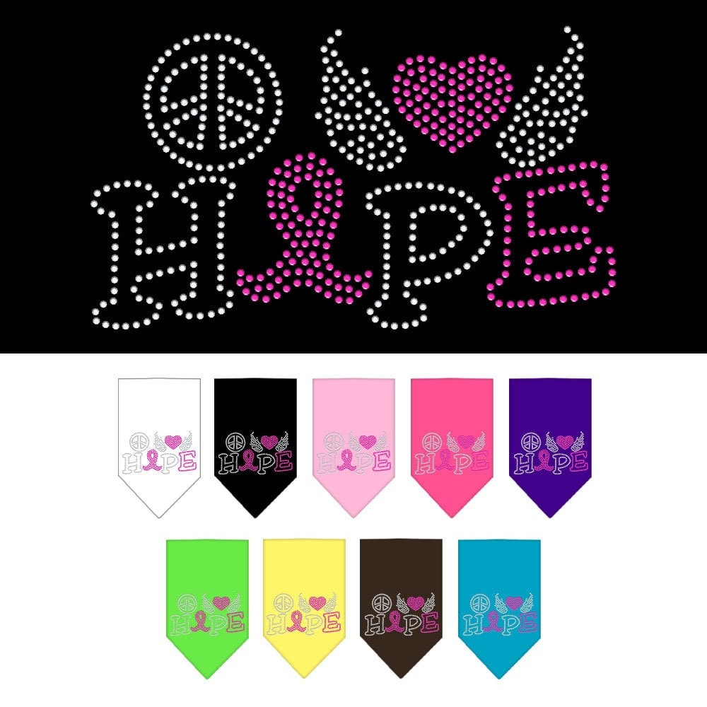 Stylish pet bandana with rhinestones featuring 'Peace Love Hope Breast Cancer' design, perfect for dogs of all sizes.