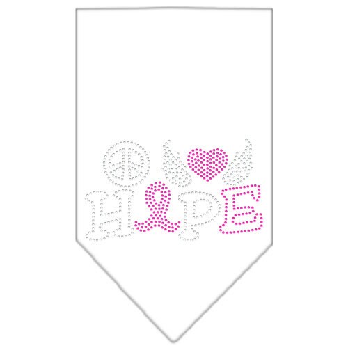 Stylish pet bandana with rhinestones featuring 'Peace Love Hope Breast Cancer' design, perfect for dogs of all sizes.