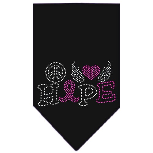 Stylish pet bandana with rhinestones featuring 'Peace Love Hope Breast Cancer' design, perfect for dogs of all sizes.