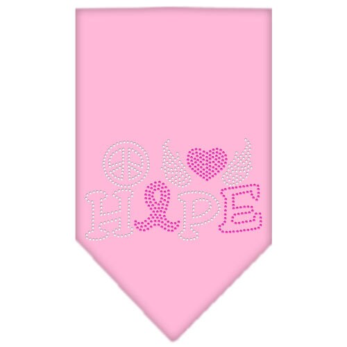 Stylish pet bandana with rhinestones featuring 'Peace Love Hope Breast Cancer' design, perfect for dogs of all sizes.