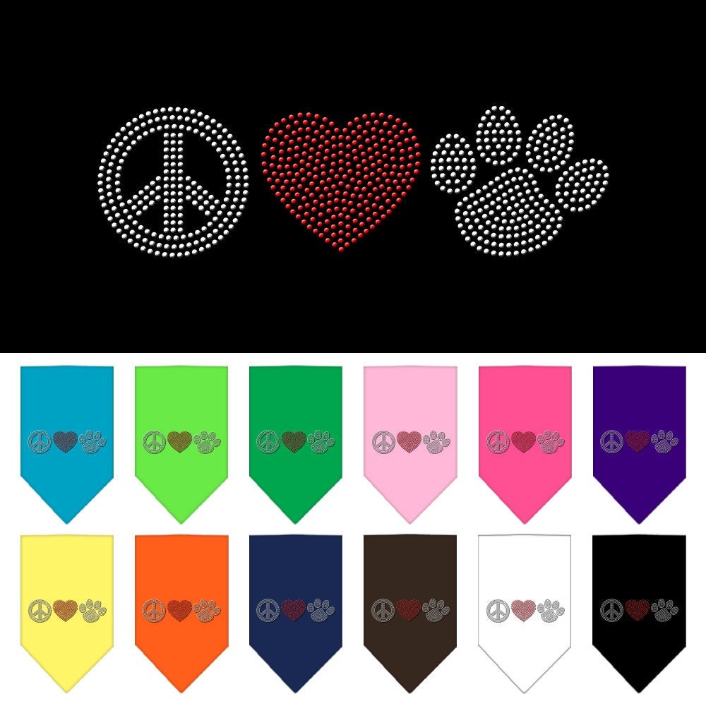 Stylish pet bandana with rhinestones featuring 'Peace Love Paw' design, perfect for dogs of all sizes.