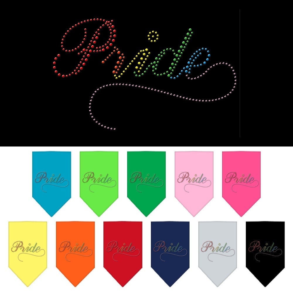A stylish Pet and Dog Bandana featuring rhinestones, designed in a pride theme, available in two sizes for a perfect fit.