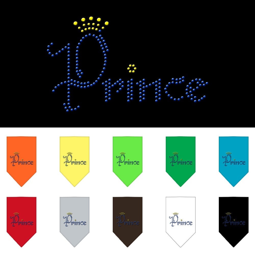 A stylish pet bandana featuring rhinestones, labeled 'Prince', designed for dogs in a vibrant color.