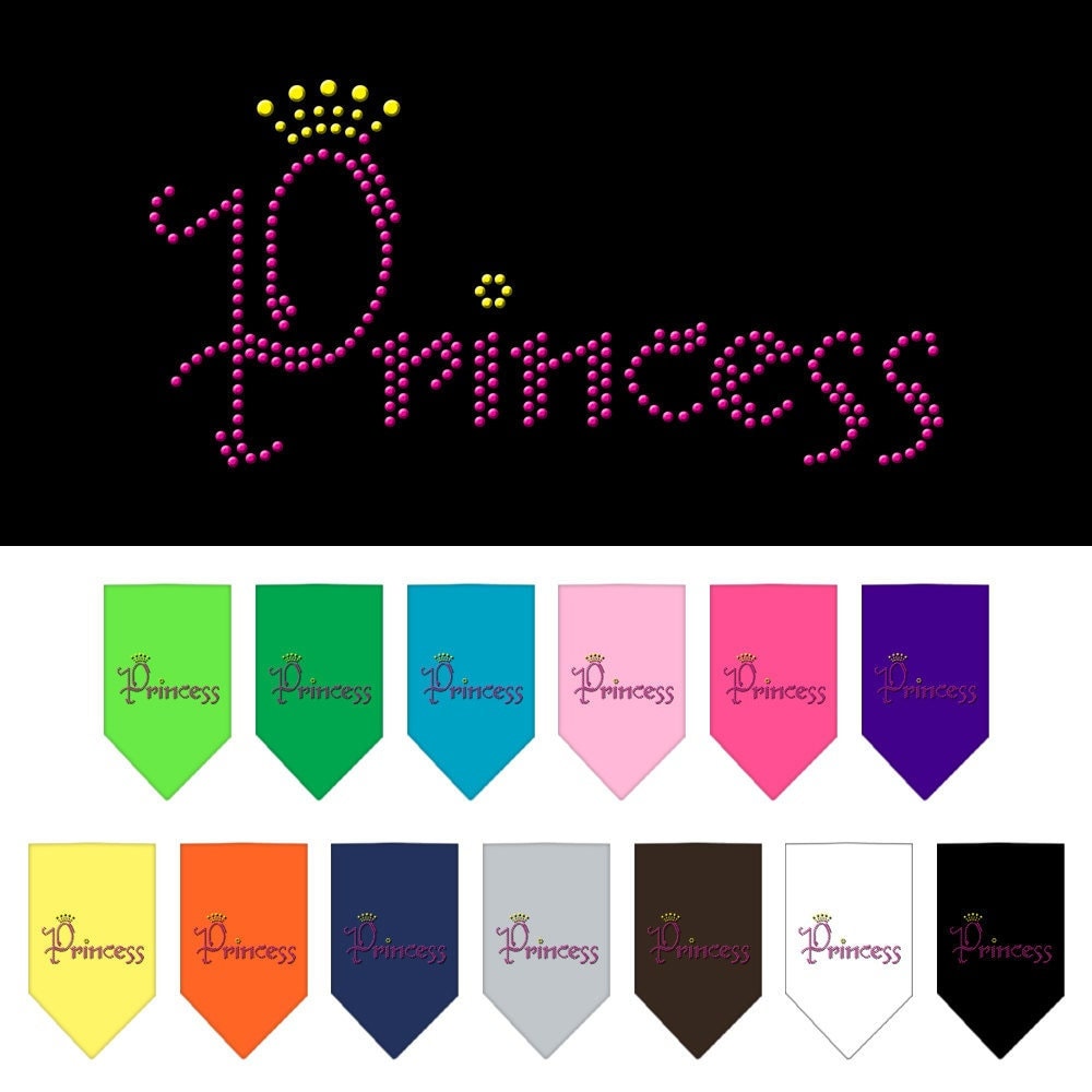 A stylish pet bandana featuring rhinestones, designed for dogs, with the word 'Princess' elegantly displayed.