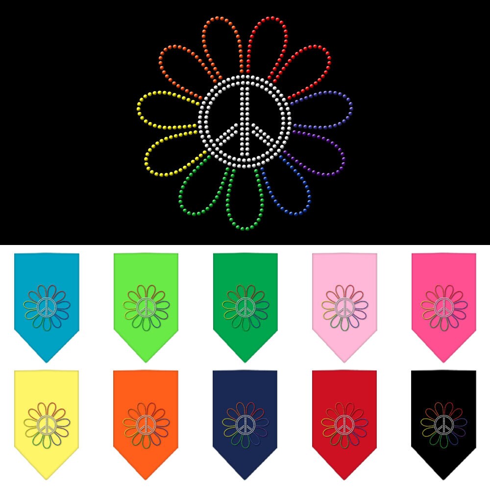 Colorful dog bandana featuring rhinestones and a rainbow peace flower design, perfect for stylish pets.