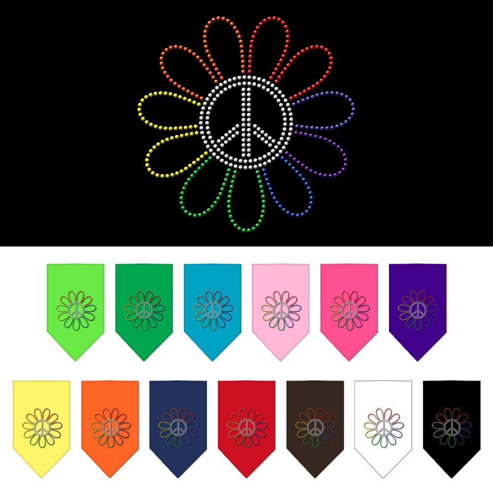 Colorful pet bandana featuring rhinestone Rainbow Peace Flower design, perfect for dogs of all sizes.