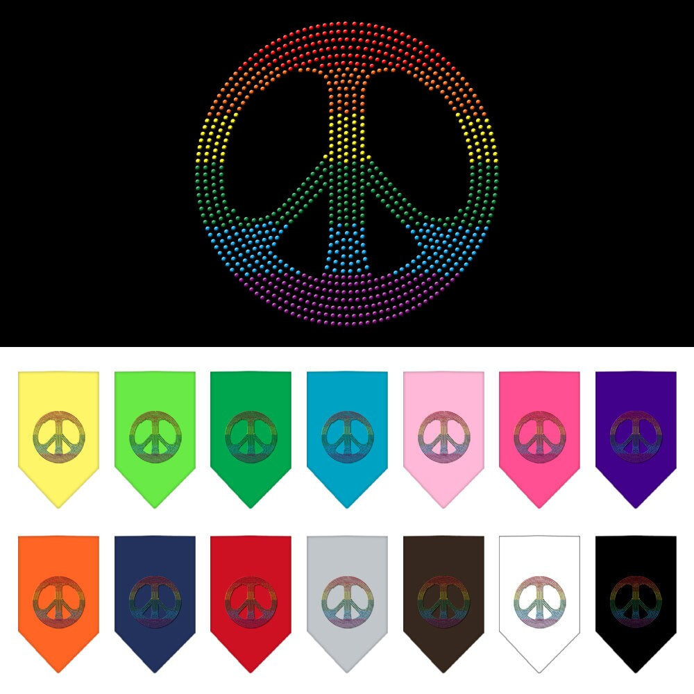 Colorful pet bandana featuring a rhinestone rainbow peace sign design, perfect for dogs of all sizes.
