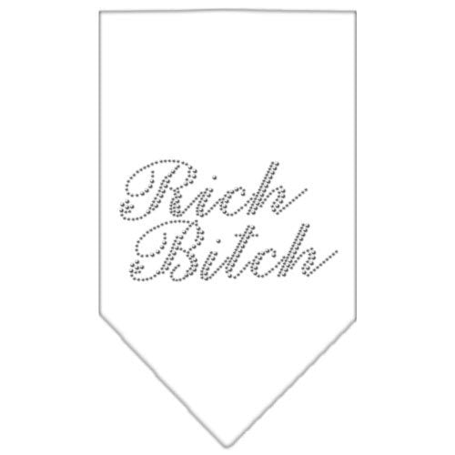 A stylish dog bandana featuring rhinestones with the text 'Rich Bitch', designed for fashionable pets.