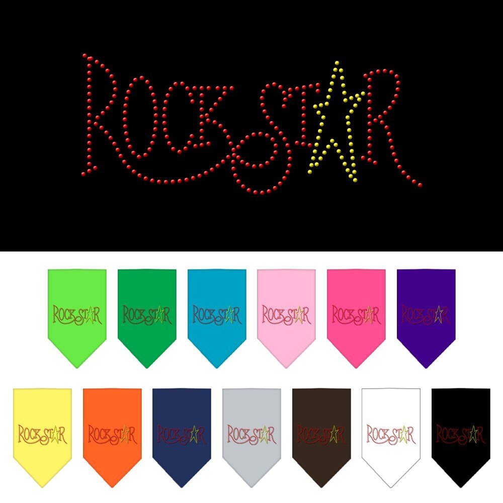 A stylish pet bandana with rhinestones, featuring the text 'Rock Star', designed for dogs of all sizes.