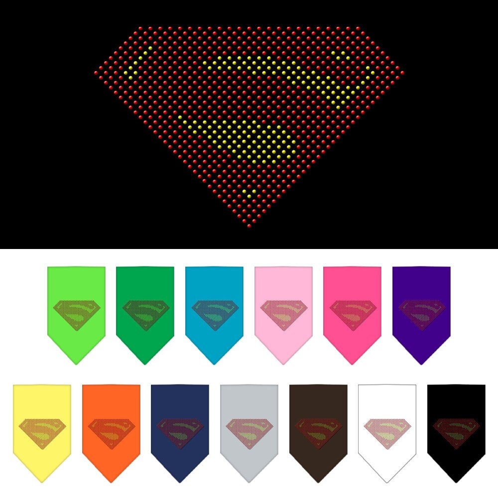 A stylish pet bandana featuring rhinestones spelling 'Super!', designed for dogs of all sizes, showcasing a vibrant and fashionable look.