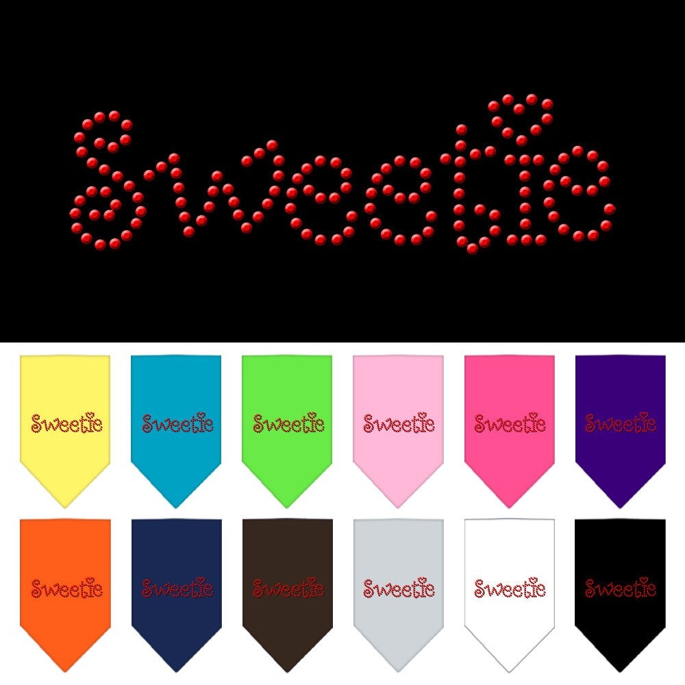A stylish pet bandana with rhinestone embellishments, featuring the word 'Sweetie', designed for dogs of all sizes.