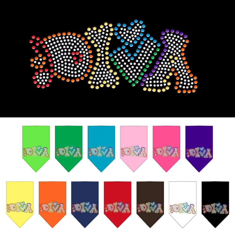 Colorful rhinestone dog bandana named Technicolor Diva, designed for stylish pets.
