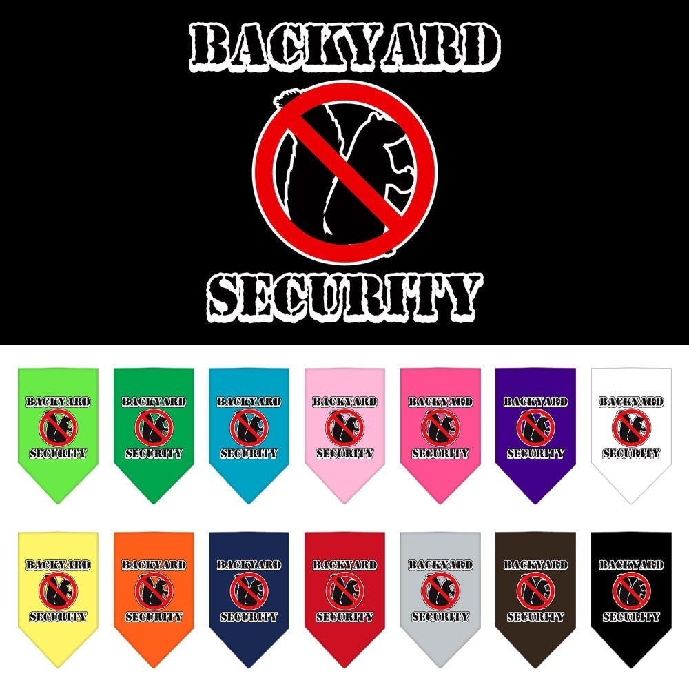A stylish dog bandana featuring the phrase 'Backyard Security', designed for pets in a vibrant color, showcasing its tie-on style without buckles.