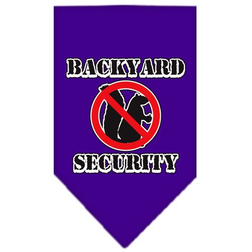 A stylish dog bandana featuring the phrase 'Backyard Security', designed for pets in a vibrant color, showcasing its tie-on style without buckles.