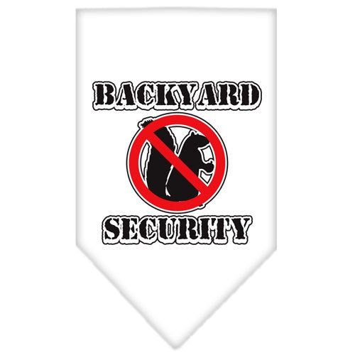 A stylish dog bandana featuring the phrase 'Backyard Security', designed for pets in a vibrant color, showcasing its tie-on style without buckles.