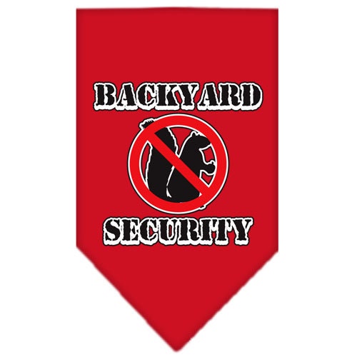 A stylish dog bandana featuring the phrase 'Backyard Security', designed for pets in a vibrant color, showcasing its tie-on style without buckles.