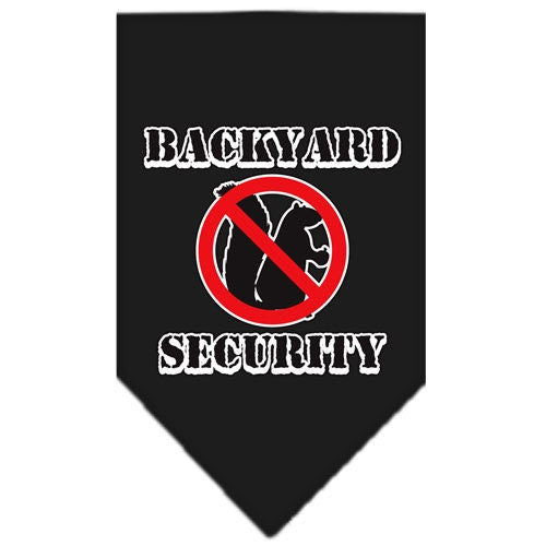 A stylish dog bandana featuring the phrase 'Backyard Security', designed for pets in a vibrant color, showcasing its tie-on style without buckles.