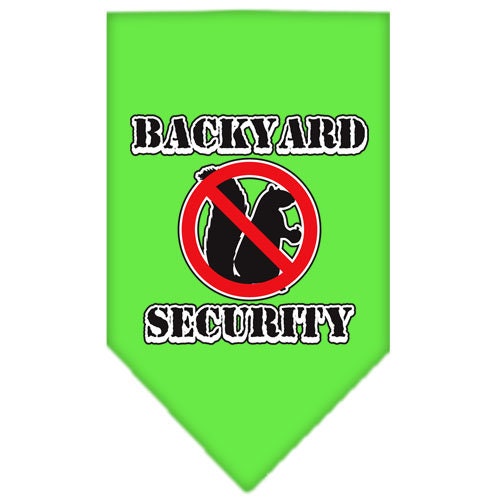 A stylish dog bandana featuring the phrase 'Backyard Security', designed for pets in a vibrant color, showcasing its tie-on style without buckles.