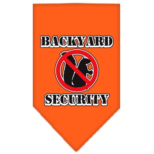 A stylish dog bandana featuring the phrase 'Backyard Security', designed for pets in a vibrant color, showcasing its tie-on style without buckles.