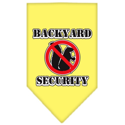 A stylish dog bandana featuring the phrase 'Backyard Security', designed for pets in a vibrant color, showcasing its tie-on style without buckles.