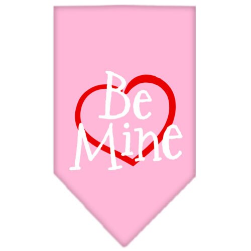A stylish dog bandana featuring the screen printed text 'Be Mine', designed for tie-on wear without buckles, available in small and large sizes.