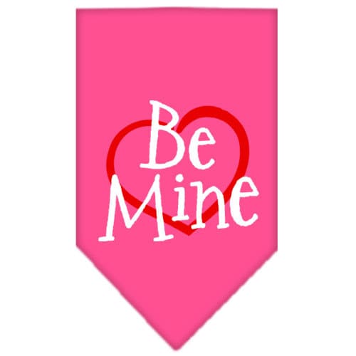 A stylish dog bandana featuring the screen printed text 'Be Mine', designed for tie-on wear without buckles, available in small and large sizes.