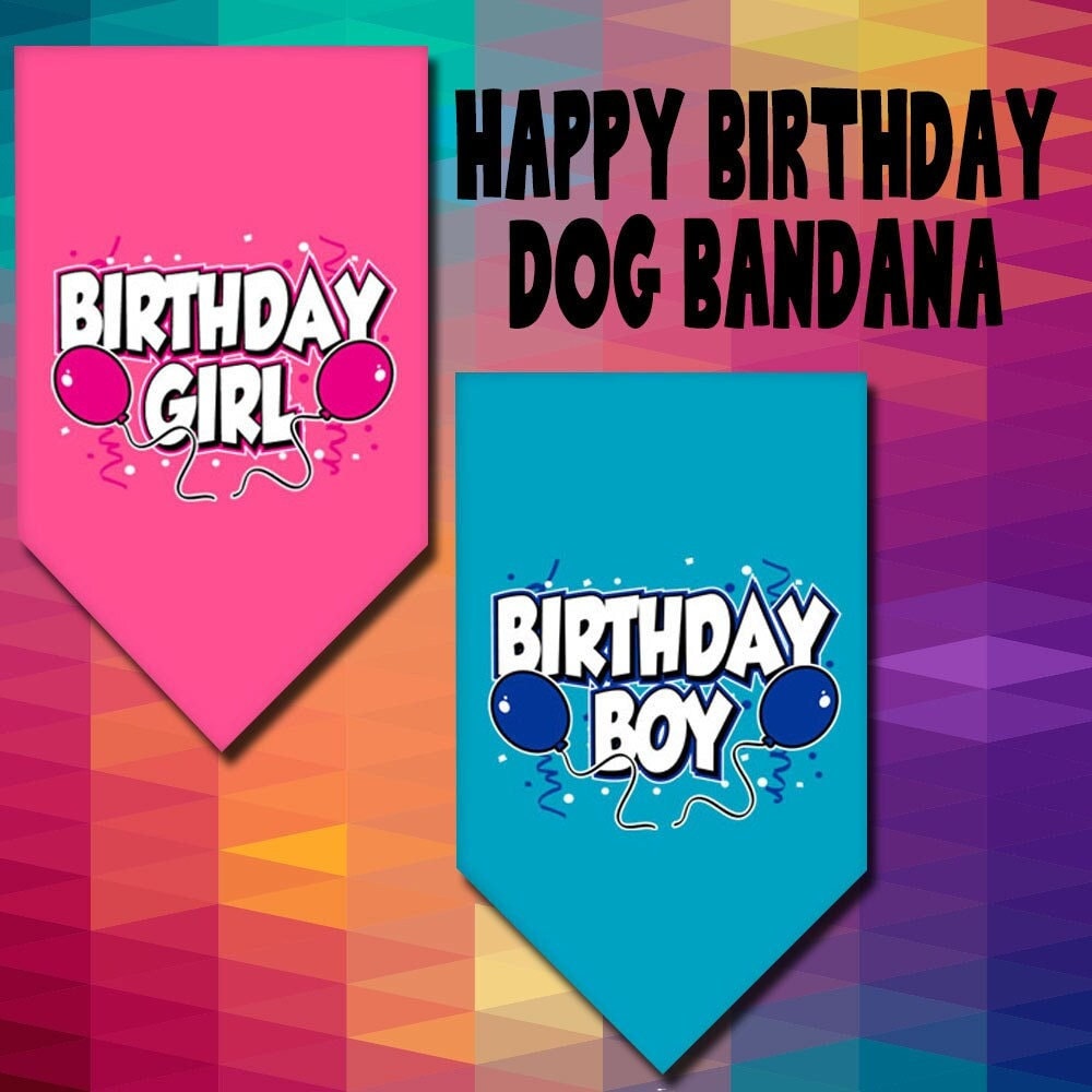 A colorful pet bandana featuring 'Birthday Girl' and 'Birthday Boy' designs, made from soft cotton, perfect for celebrating pets' birthdays.