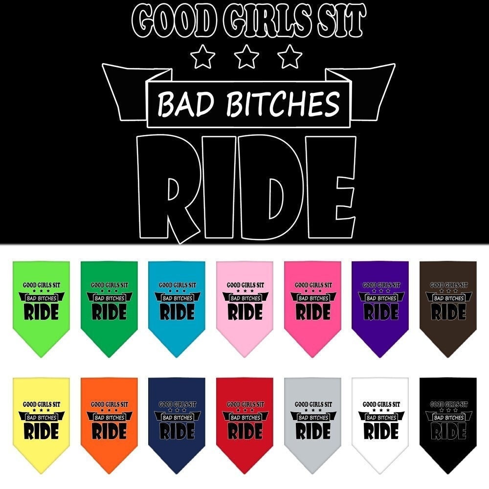A stylish pet bandana featuring the phrase 'Bitches Ride', designed for dogs, available in two sizes, showcasing a fun and playful design.